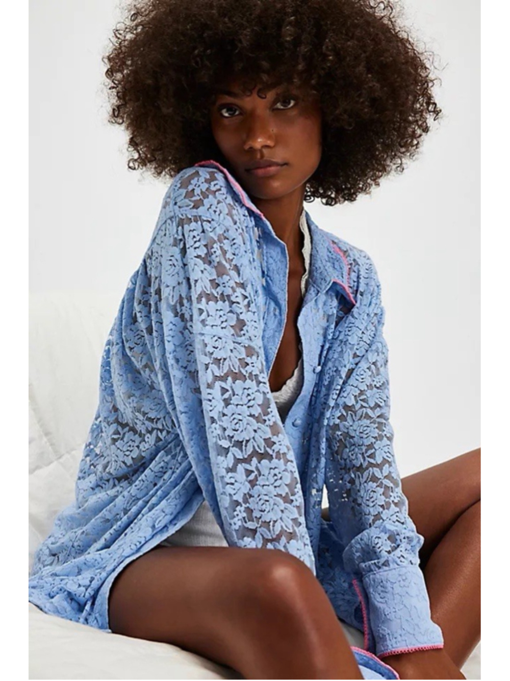 Free People Intimately NEW All Day Lace House Shirt Kentucky Blue Combo Medium